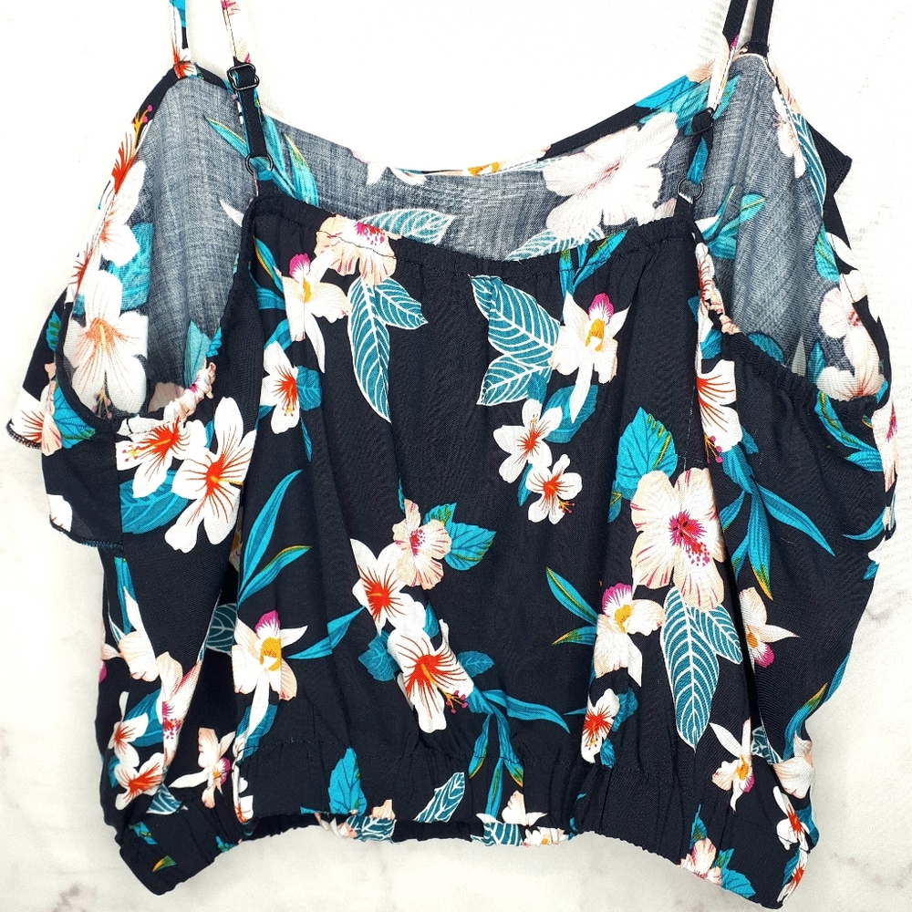 Crop Top Floral Print Ruffle Neck Spaghetti Strap - Picture 3 of 7